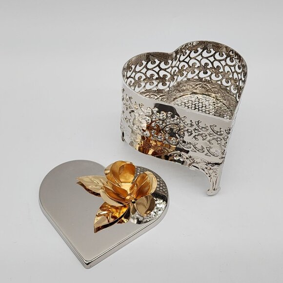 Silver Plated Heart Shaped Trinket Jewelry Box Filigree Brass Rose Lid VTG - Picture 6 of 9